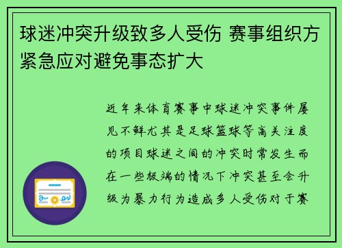 球迷冲突升级致多人受伤 赛事组织方紧急应对避免事态扩大